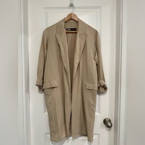 Zara | Women’s Beige Open Front Lightweight Trenc Coat Oversized
